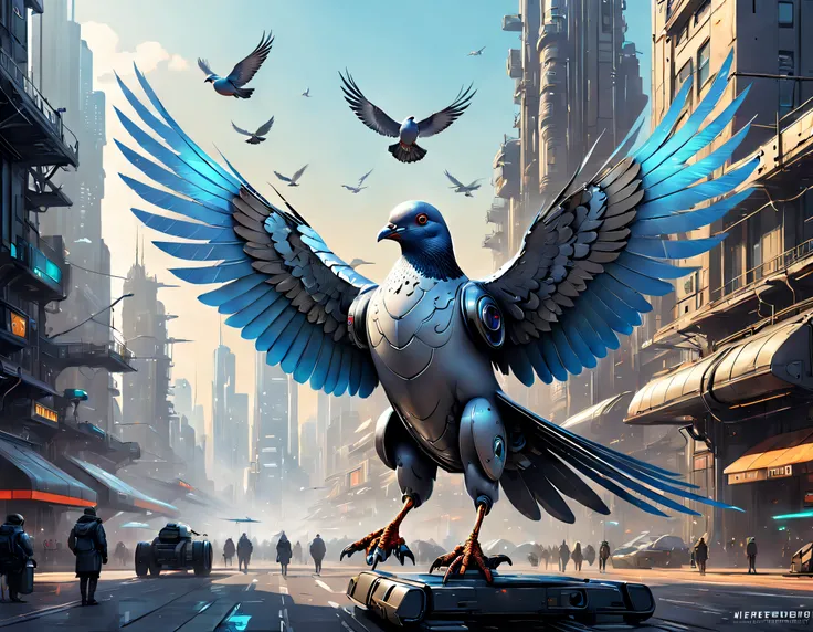 Metal mechanical pigeons，Futuristic metal pigeons，Mechanical pigeons，Pigeons are made entirely of small metal parts，Detailed mechanical wing,Metal feathers,Precise and complex design,Ultra-fine texture,Shiny steel body,futuristic urban background，Beautiful...