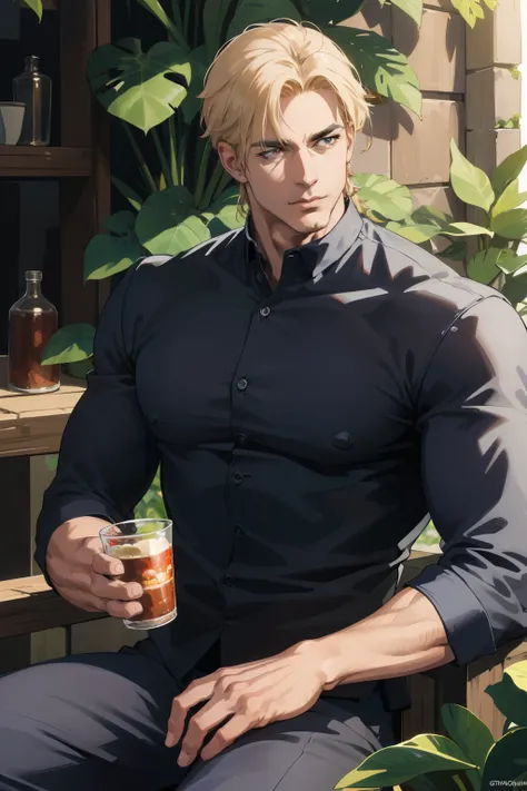 (absurdres, highres, ultra detailed), (1 male, solo, adult, mature, aged up, tall muscular guy, broad shoulders, handsome), blonde hair, red eyes, (angular jaw, thick neck, thick eyebrows), BREAK, best light and shadow, background is back alley, detasiled ...