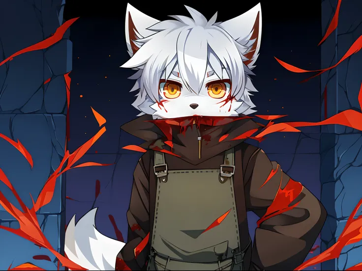 terroral，blood vess，Be covered in blood，The corners of his mouth were stained with blood，solo person，White body，White ears，White hair，White fur，Overall white，Orange-yellow eyes，Wolf tail，Wolf orcs，Wolf paws，Young，Wear a jacket，Ultra-clear screen，Soft lines