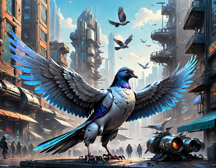 Metal mechanical pigeons，Futuristic metal pigeons，Mechanical pigeons，Pigeons are made entirely of small metal parts，Detailed mechanical wing,Metal feathers,Precise and complex design,Ultra-fine texture,Shiny steel body,futuristic urban background，Beautiful...