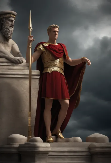 Create a realistic 3D representation of Julius Caesar looking straight into the camera, showcasing his imposing stature and determined expression. Be sure to capture the details of his Roman toga and insightful gaze. The scene should evoke the power and au...