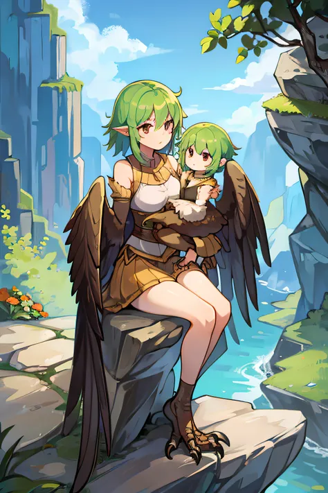 a young harpy sitting on a rock with her mother