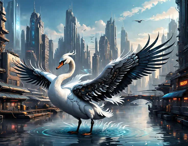 Metal mechanical swan in water，Futuristic metal swan，Mechanical swan swimming，The swan is made entirely of small metal parts，Detailed mechanical wing,Metal feathers,Precise and complex design,Ultra-fine texture,Shiny steel body,futuristic urban background，...