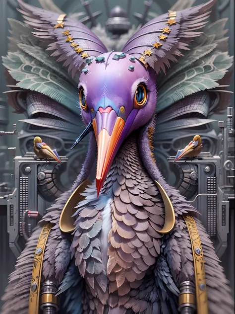 (Robot Pelican), Background: （Tsunami giant wave background：1.0）,（Colorful smoke purple），{{Masterpiece}},{{{Best quality}}},{{Ultra-detailed}}, mechanical structure,Photography,author：Alberto Vargas and H.r. Giger,author：Andrey Remnev,rendering by octane,h...