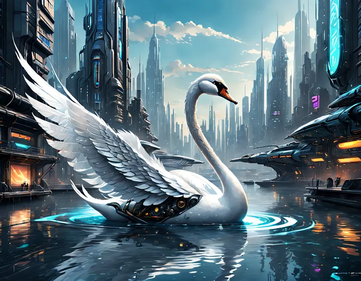 Translucent ethereal mechanical swan in water，Futuristic swan，Mechanical swan swimming，The swan is made entirely of small metal parts，Detailed mechanical wing,Metal feathers,Precise and complex design,Ultra-fine texture,Shiny steel body,futuristic urban ba...