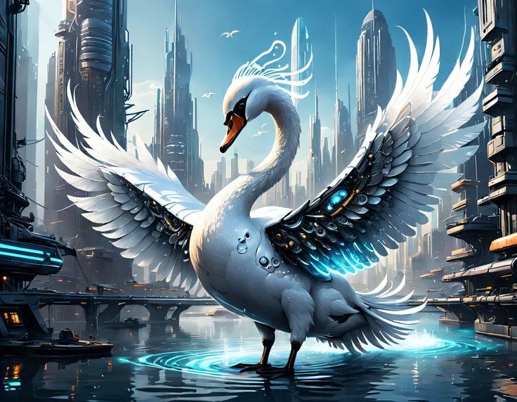 Translucent ethereal mechanical swan in water，Futuristic swan，Mechanical swan swimming，The swan is made entirely of small metal parts，Detailed mechanical wing,Metal feathers,Precise and complex design,Ultra-fine texture,Shiny steel body,futuristic urban ba...