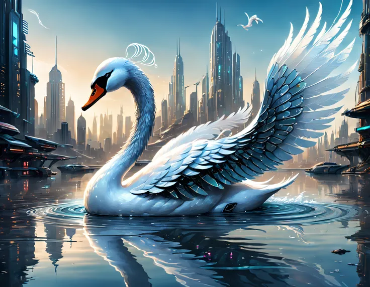 Translucent ethereal mechanical swan in water，Futuristic swan，Mechanical swan swimming，The swan is made entirely of small metal parts，Detailed mechanical wing,Metal feathers,Precise and complex design,Ultra-fine texture,Shiny steel body,futuristic urban ba...