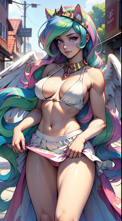 Princess Celestia from My Little Pony, Princess Celestia as a girl, Long Hair, Luxurious Hair, Lush Hair, Standing, Medium Breasts, Bulky Breasts, Lush Breasts, Nippels, Legs Spread, No Bra, No Underwear, In pleasure, Cat ears, Happy, 8K quality, Three-dim...