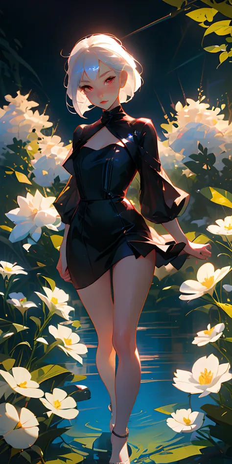 1girl in, hight resolution, ultrasharp, 8K, masutepiece, Silver hair, Long, Red eyes, Ephemeral,Fantasia, Black dress,a miniskirt,Not wearing underwear, Blushing, thighs thighs thighs thighs,moonlights,White flower garden,rays of moonlight,Beautiful lake