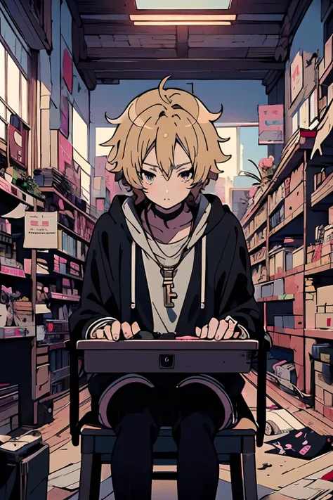 blond hair anime girl, messy hair, inside a shop, kawacy, best anime 4k konachan wallpaper, sitting at his desk, detailed key anime art, 4 k manga wallpaper, anime boy, key visual, handsome anime pose, official art, detailed digital anime art, key anime ar...