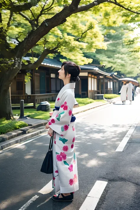 Female in her 40s、Wear clean Japan kimono、Hair is up、Bend here、Walking along a tree-lined street、shot from a lower angle