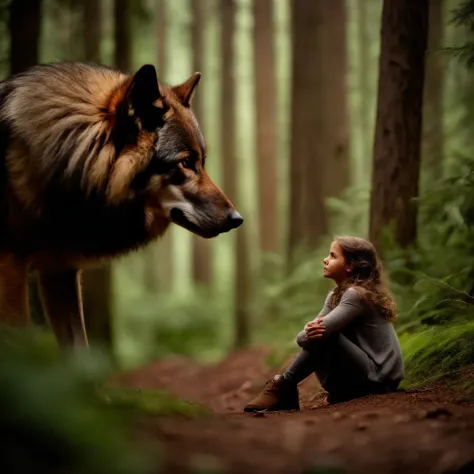 Menina loira na floresta gelada，Next to it is a big brown wolf.