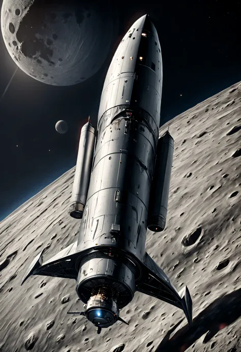 A sleek, futuristic spacecraft glides gracefully around the Moon, its metallic exterior reflecting the lunar landscape in stunning detail.