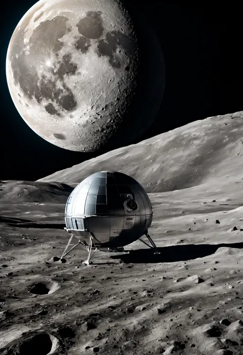 A sleek, futuristic spacecraft glides gracefully around the Moon, its metallic exterior reflecting the lunar landscape in stunning detail.