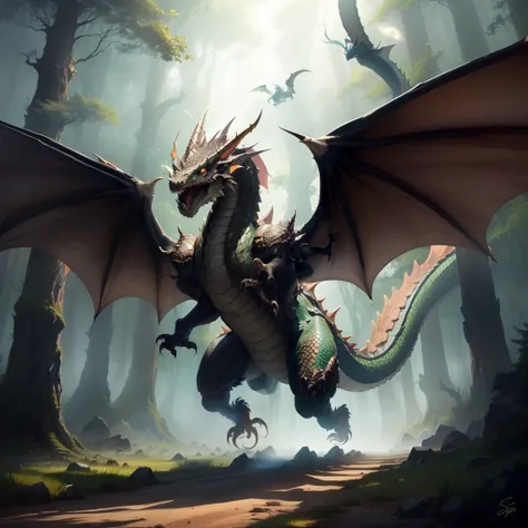 Theres a dragon flying through the air in the forest, dragon flying, dragon flying in the background, serpe, flying dragon, art of dragon, dragons flying around, dragon in the background, charging through a dragons lair, epic dragon, Dragoned!, A majestic ...