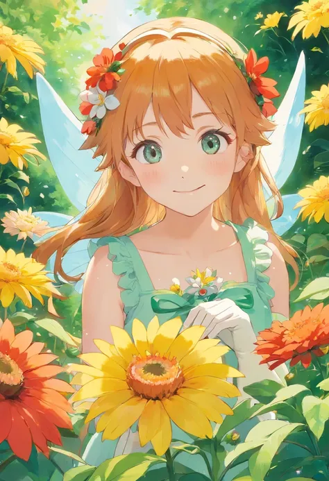 The weather is sunny，A garden full of flowers，Thumbelina, in a fairy tale, sits on the petals of a Fuso，Smile at the camera，Wear a wreath on your head，There is a pair of wings