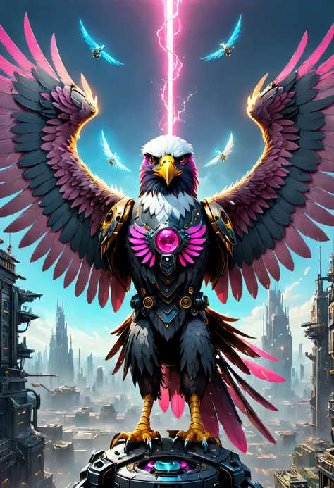 An eagle falcon，Mechanically winged eagle standing in front of an alien city,Close-up of the eagle falcon，Huge wings glow， Beautiful and elegant mechanical falcon,The head is the head of a mechanical eagle，（（best qualtiy））， （（tmasterpiece））， （high detal：1....