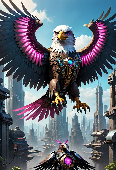 An eagle falcon，Mechanically winged eagle standing in front of an alien city,Close-up of the eagle falcon，Huge wings glow， Beautiful and elegant mechanical falcon,The head is the head of a mechanical eagle，（（best qualtiy））， （（tmasterpiece））， （high detal：1....