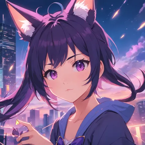 anime black+purpleish abit haired girl with cat tails, elf ears and aesthetic horns, designed good