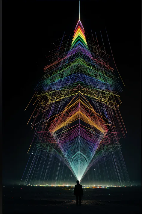 Multi-layered images overlap each other, dark background, Mathematical formulas and colorful geometric blocks in rainbow colors, Random sorting not in horizontal rows