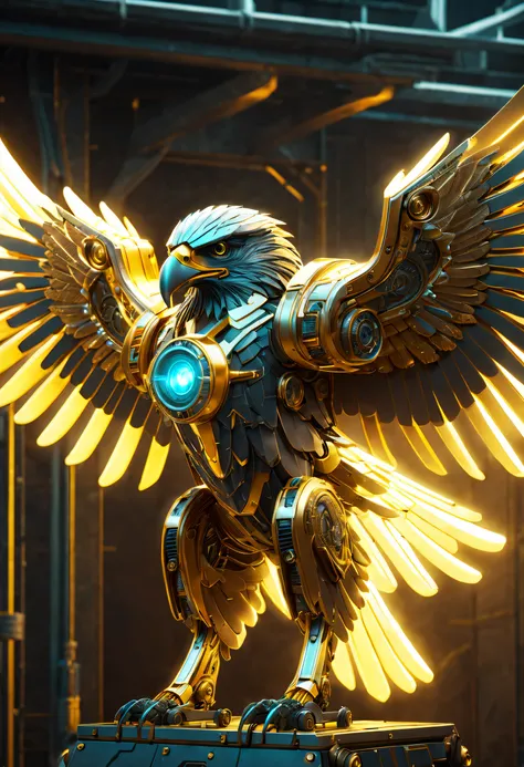 Futuristic mechanical eagle falcon，Image of a mechanical eagle falcon in Alfide，There are glowing golden wings, Eagle falcon in metal armor, dan munford. 8 k octane render, mech wings, dan munford. Maya rendering, Neon wings, dan munford. rendering by octa...