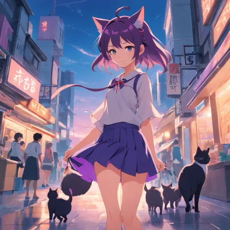 anime black+purpleish abit haired girl with cat tails, elf ears and aesthetic horns, cute clothed, wears skirt