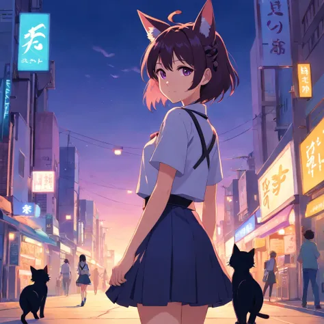 anime black+purpleish abit haired girl with cat tails, elf ears and aesthetic horns, cute clothed, wears skirt