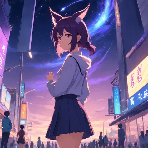 anime black+purpleish abit haired girl with cat tails, elf ears and aesthetic horns, cute clothed, wears skirt background is galaxy midnight