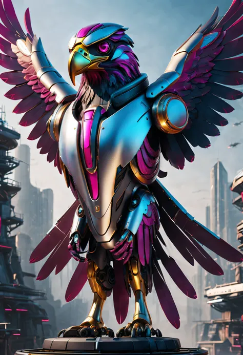 Mechanical Eagle Falcon，An eagle with mechanical wings of an eagle falcon stands in front of an alien city,Futuristic close-up of the Falcon，Golden Eagle Falcon，Huge wings glow， Beautiful and elegant King Falcon,The head is the head of an eagle，（（best qual...