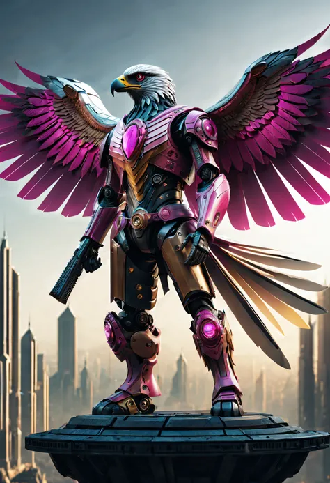 Mechanical Eagle Falcon，An eagle warrior with mechanical wings of an eagle falcon stands in front of an alien city,Futuristic close-up of the Falcon，Golden Eagle Falcon，Huge wings glow， Beautiful and elegant King Falcon,The head is the head of an eagle，（（b...