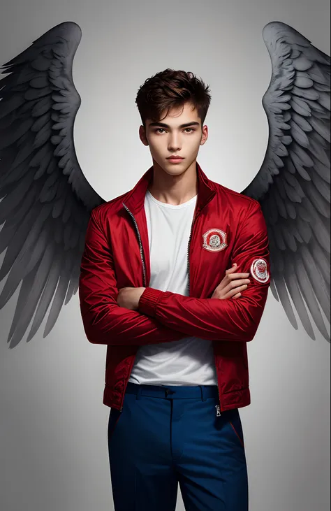 A young man of about 20 years of age, beautiful, with angel wings, wearing a red jacket and blue long pants, looking at the viewer with his arms crossed