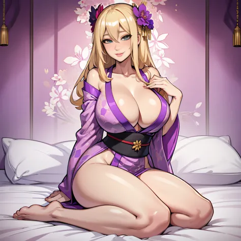 single female, long blonde hair, large chest, patterned kimono, kneeling on bed, seductive smile, blushing, (SOLO), bare legs, cleavage, boobs, shiny silk kimono, pattern kimono, flower in hair, full lips, (shiny) (pink kimono with gold and red and purple)...