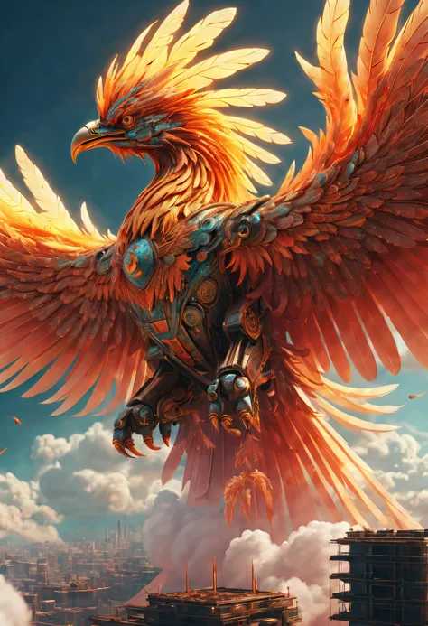 (Best quality,4K,8K,A high resolution,Masterpiece:1.2),Ultra-detailed,Realistic,There are transparent machine phoenixes in the clouds, 4k highly detailed digital art, the solarpunk phoenix, Machine Phoenix, Stylized urban fantasy artwork, 4K detailed digit...