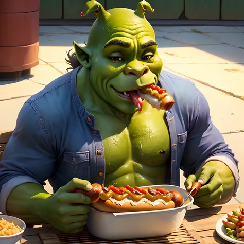 Shrek eating a hotdog