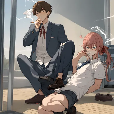 Handsome high school boy stomps on classmate with shoes while smoking cigarette　bulli