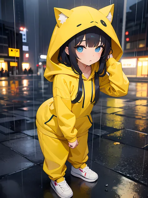 Cute girl in yellow hoodie wearing cat ear (full body, boring face, rainy weather)