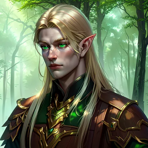 elf man, masculine, portrait, character art, digital painting, dark wood forest, (green eyes:1.3), [blonde hair:1.4], [wooden ar...