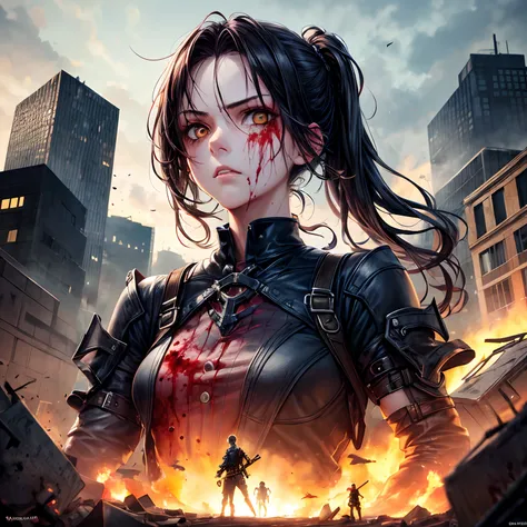 The girl shoots back from zombies, serious facial expression, elaborate face, proportional body, blood, destroyed city, gloomy atmosphere, over-detailed, high quality, elaborate background