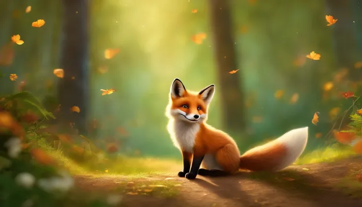 (best quality,4k,highres),a fox in the forest,children book,joyful moments,natures beauty,vivid colors,playful atmosphere,curious eyes,cute little paws,lush greenery,beam of sunlight,dreamy illustrations,storybook magic,enchanted forest,dancing leaves,gigg...