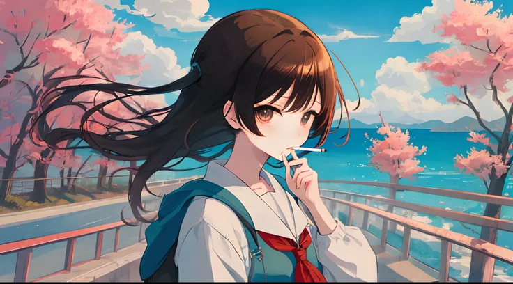 A crazy anime girl smoking a cigarette and a totally crazy drunk scenery looking at the viewer