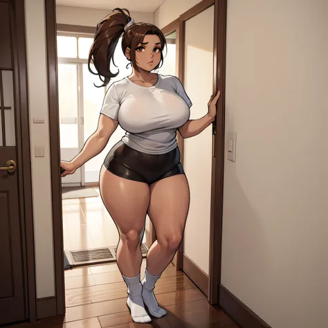 one female brown ponytail, brown eyes, large chest, long white t-shirt, bare legs, socks, curvy. standing in front doorway of ho...