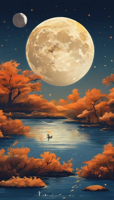 Mid-autumn night view，Not a single person，Beautiful views，The moon is reflected on the waves，Heaven and earth are pure，Autumn colors are clear，Everything was beautiful，The starry sky hides its brilliance，Give way to moonshine，Golden wind and water dew refl...