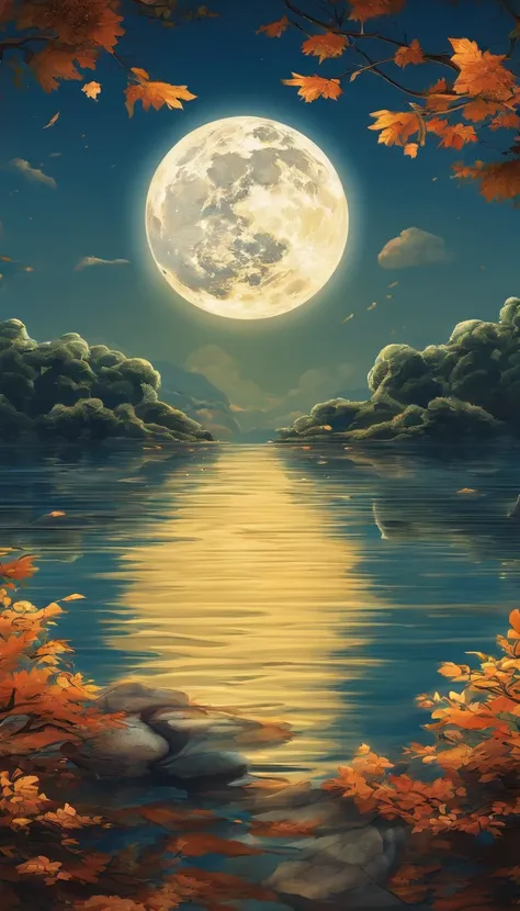 Mid-autumn night view，Not a single person，Beautiful views，The moon is reflected on the waves，Heaven and earth are pure，Autumn colors are clear，Everything was beautiful，The starry sky hides its brilliance，Give way to moonshine，Golden wind and water dew refl...