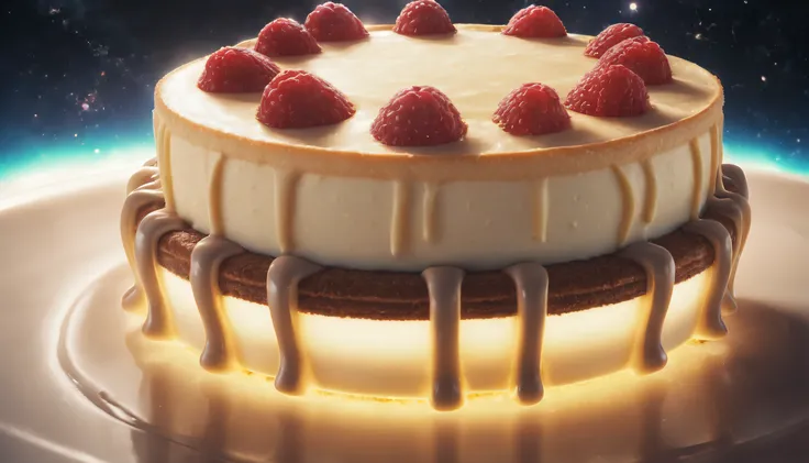 (intergalactic UFO in the form of cheesecake:1.3), Realism, depth of field, cinematic lighting, film grain, god rays, ray tracing, UHD, masterpiece, highres, 8k