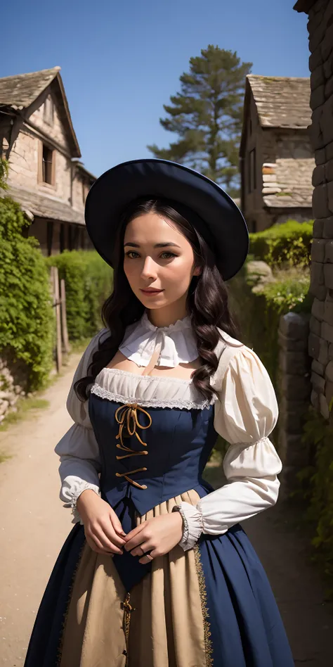 A young woman looking at the viewer wearing a 1530s outfit, an ancient village and a very mysterious werewolf