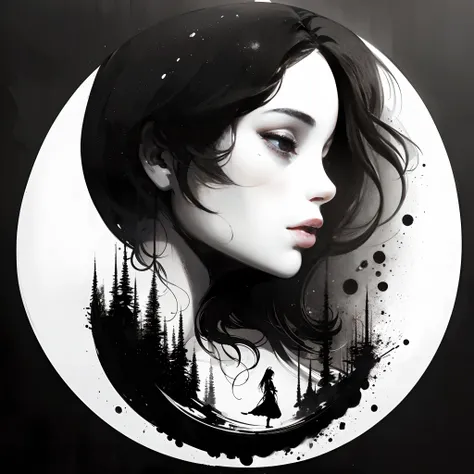 (masterpiece),illustration,logo,Speckle ink,ink painting,circle,amazing painting art,logo design,,black and white,1girl,prajna