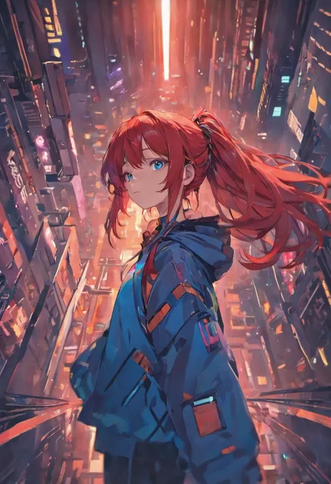 Masterpiece , A girl , Red long-haired , Blue eyes ,  Gradient , Perfect figure , ( techwear outfits:1.2) , Cyberpunk , future , modernity , at cyberpunk city, lite smile , Detailed face ,, , (8K,  Best quality 1.2),  Ultra-detailed, 8K  UHD,, Soft lightin...