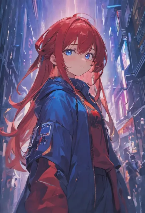 Masterpiece , A girl , Red long-haired , Blue eyes ,  Gradient , Perfect figure , ( techwear outfits:1.2) , Cyberpunk , future , modernity , at cyberpunk city, lite smile , Detailed face ,, , (8K,  Best quality 1.2),  Ultra-detailed, 8K  UHD,, Soft lightin...