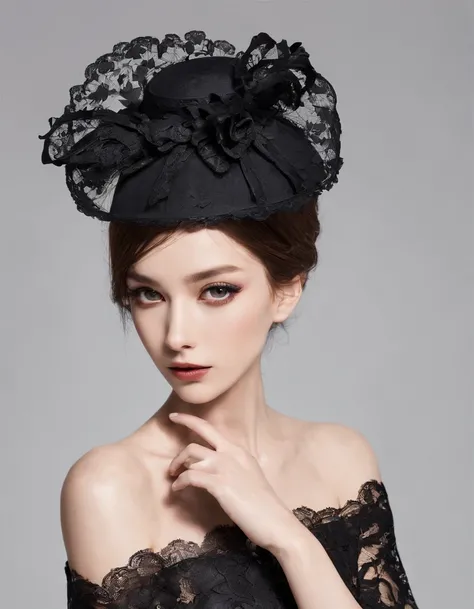 A very beautiful and elegant girl wears a talking hat, decorated with large black lace flowers.. Her face was covered with lace.. She wore a loose black lace cocktail gown that hung over her shoulders.. Her skin is so shiny..
Her arms folded.、The fingertip...