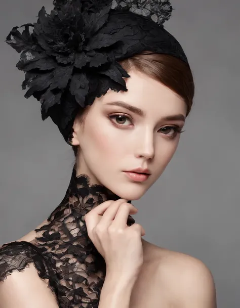 Beautiful and elegant girl wearing talking hat, Decorated with large black lace flowers... Her face was covered with lace... Her skin is so shiny...
Her arms folded..、The fingertips of one hand touched her chin... The background is beautiful black... Rooms...